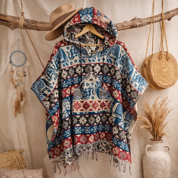 Siddhartha Sweaters - Elephant Print Woven Hooded Boho Poncho | Festival Artwear Fringe Beach Layer